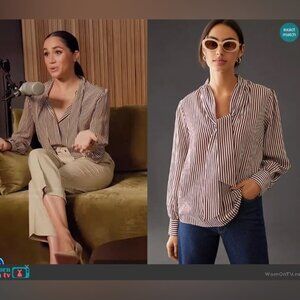 Anthropologie Ivory and Brown Striped Draped Blouse